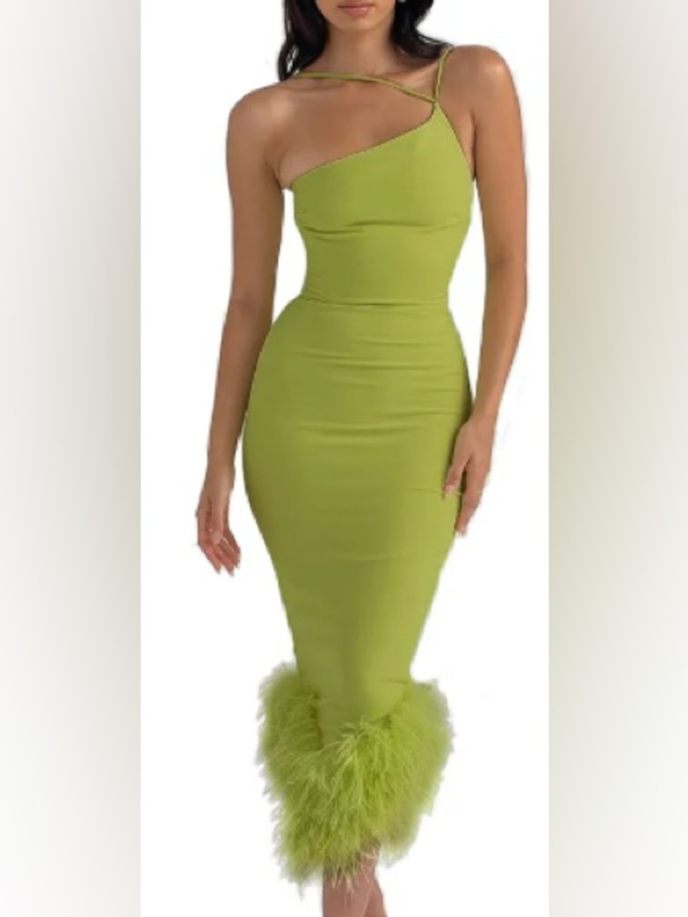 Elegant Lime Green Bodycon Midi Dress with Feather Hem